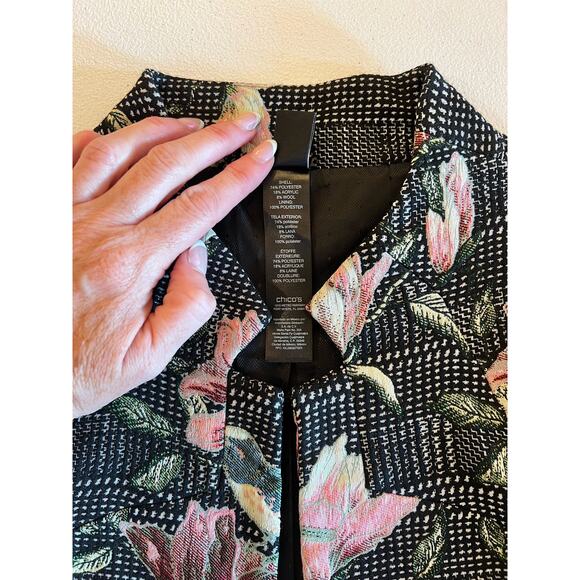 033 Chico's Black Label Women's Floral Birds Blazer Jacket Sz 2 Large 3/4 Sleeve - Picture 4 of 6